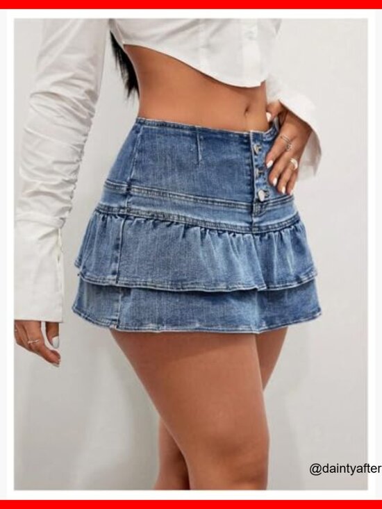 Denim Short Skirt with Ruffle Hem, Button Front, High Waist A-Line Mini - Picture 3 of 5